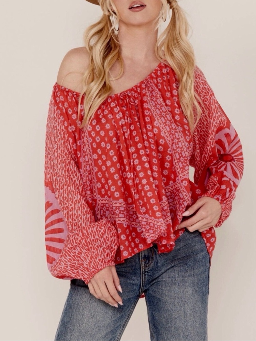 FREE PEOPLE Boho Floral Printed Flowy Blouse - Size XS - Red Combo - NWT - Picture 12 of 16